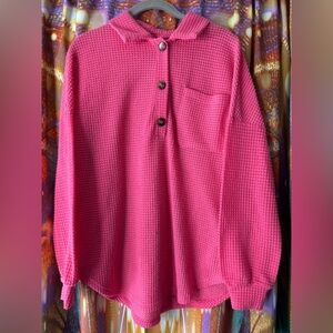 Hot Pink Waffle Knit Henley Pullover 🩷